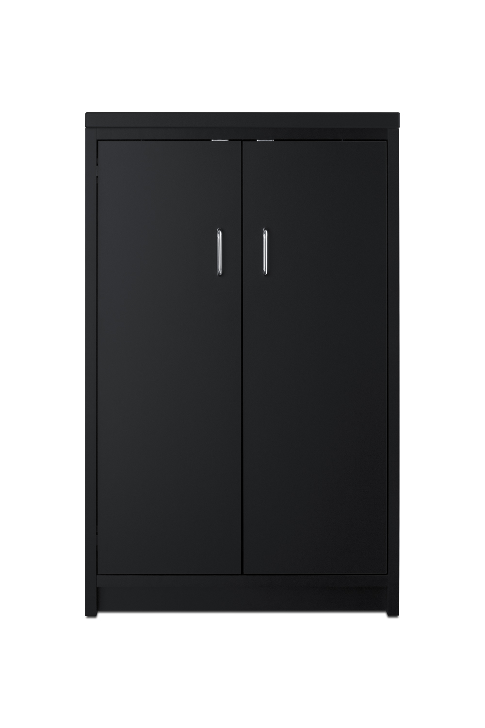 Fully assembled casework cabinet with French doors and adjustable shelf in ADA compliant height and black finish